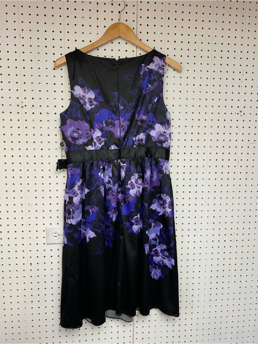 Adrianna Papell Satin Knee Length Black Dress with Purple Floral Print - Picture 2 of 5